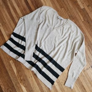 LOFT Pullover Sweater Womens Sz S Beige Gray Stripe Lightweight Boxy Oversize